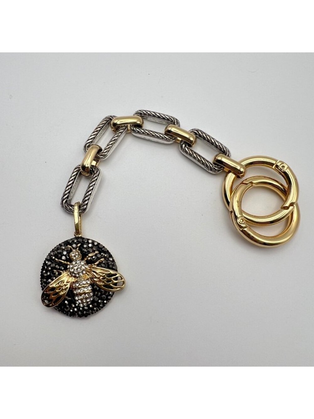 Gold Silver Tone Bee-Inspired Purse Charm Rhinestones  Dual Ring Detail 6.5"